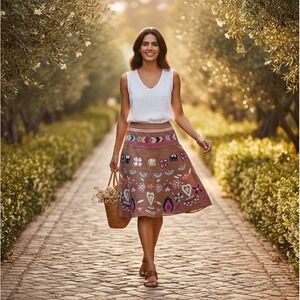 Saks 5th avenue Skirt Women's Size 10 Brown Embroidered Cotton A Line Midi